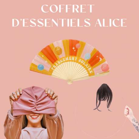 COFFRET D'ESSENTIELS FRANGE CHATAIN TRÈS FONCÉ + BONNET TOUTAN ROSE + EVENTAIL