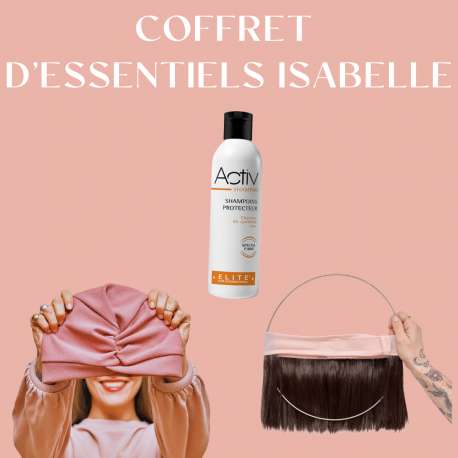 COFFRET D'ESSENTIELS COURONNE DE CHEVEUX CARRÉ CHATAIN MOYEN + BONNET TOUTAN ROSE + EVENTAIL