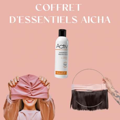 COFFRET D'ESSENTIELS COURONNE DE CHEVEUX CARRÉ CHATAIN TRÈS FONCÉ + BONNET TOUTAN ROSE + SHAMPOING