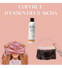 COFFRET D'ESSENTIELS COURONNE DE CHEVEUX CARRÉ CHATAIN TRÈS FONCÉ + BONNET TOUTAN ROSE + SHAMPOING