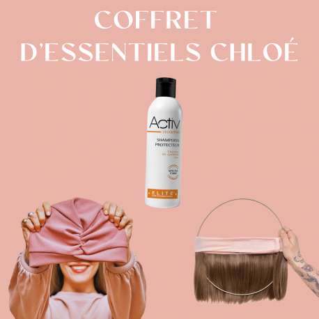 COFFRET D'ESSENTIELS COURONNE DE CHEVEUX CARRÉ CHATAIN CLAIR + BONNET TOUTAN ROSE + SHAMPOING