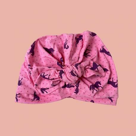 Bonnet enfant à petit noeud rose motif licorne