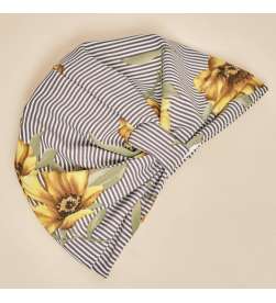 Bonnet Assalit rayé blanc et gris à fleurs jaunes