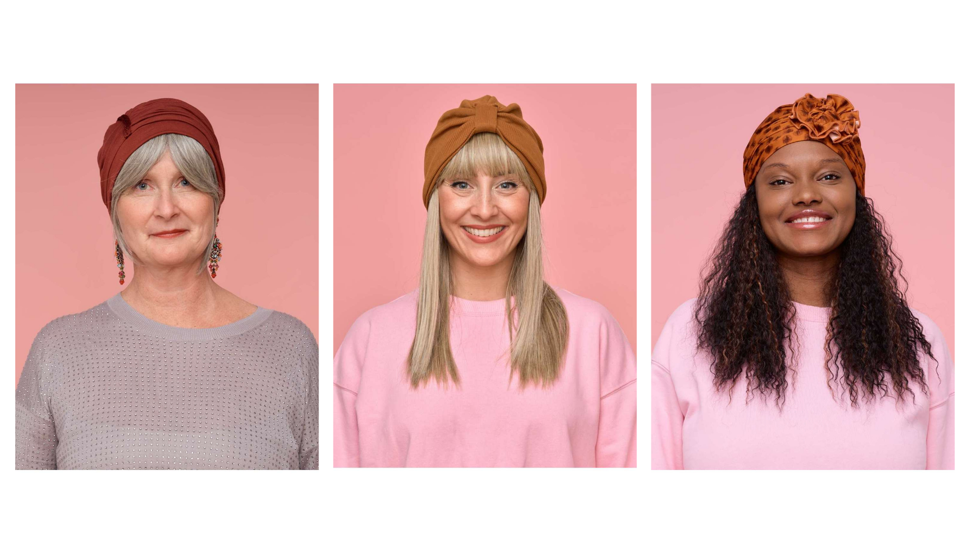 Triptyque de 3 bonnets de chimio pour l'automne. 