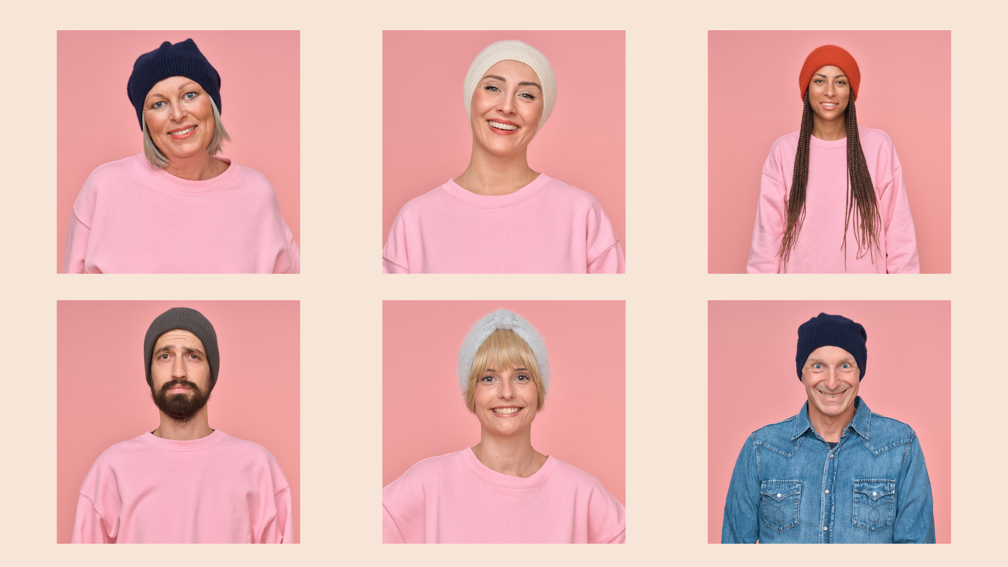 Photos de 4 femmes et 6 hommes qui portent des bonnet et franges de la marque Les Franjynes. 