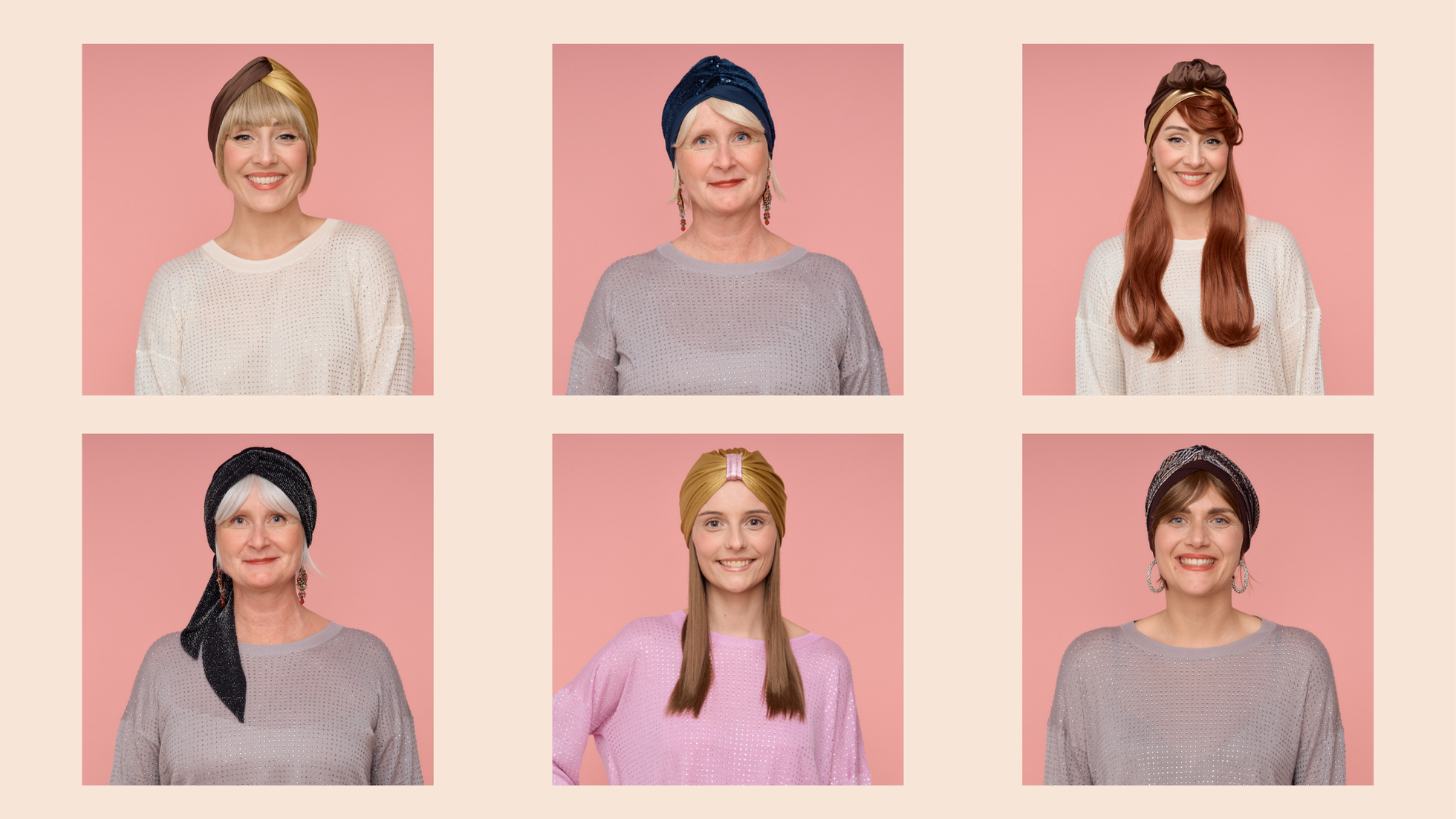 6 photos de six femmes qui portent un turban et une frange ou une couronne de cheveux. 